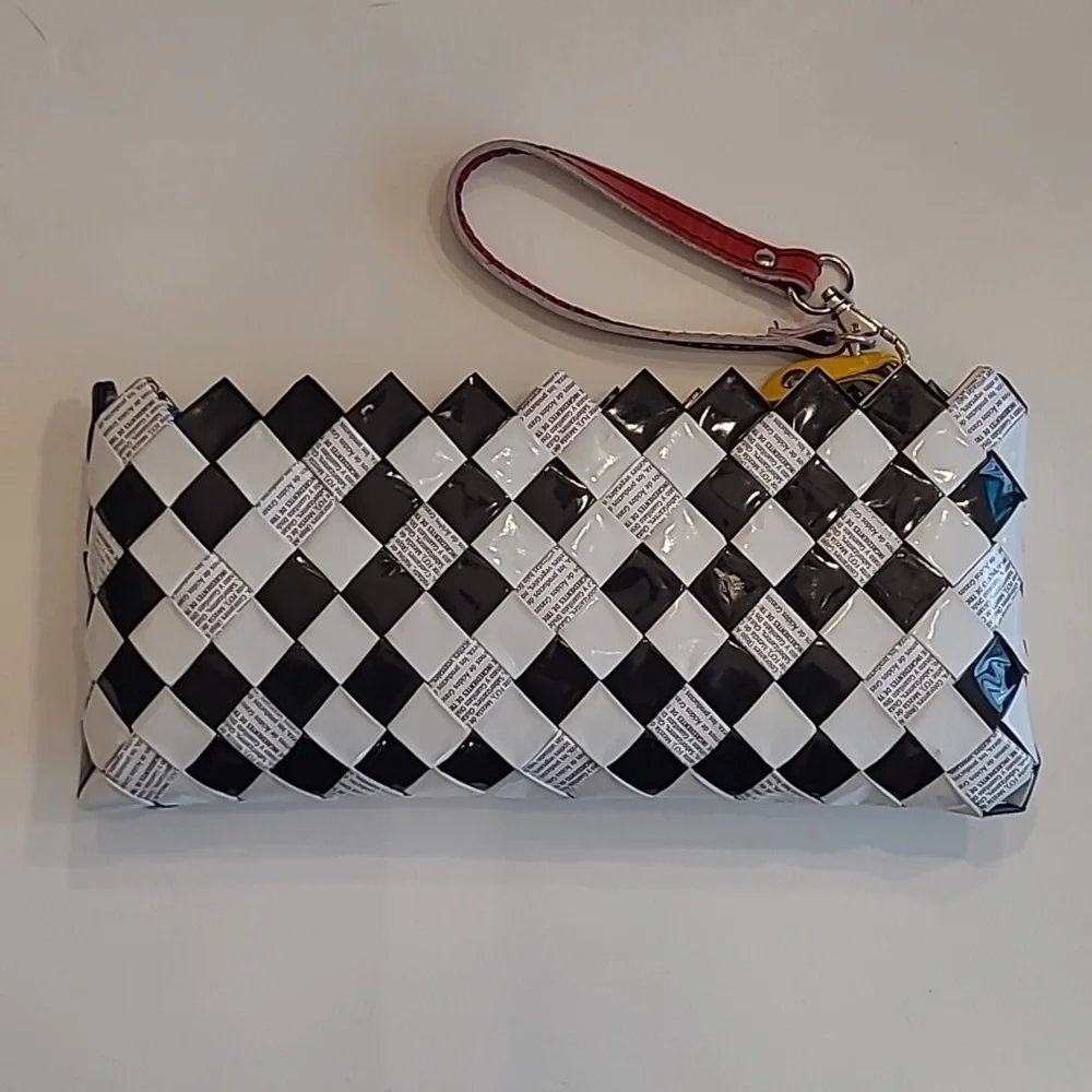 Nahui Olli Checkered Zip Top Wristlet Recycled Candy Wrapper Mini Bag